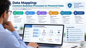 Infographic illustrating six stages of personal data mapping—collection, use, sharing, storage, retention, and deletion—to support DPDPA readiness.